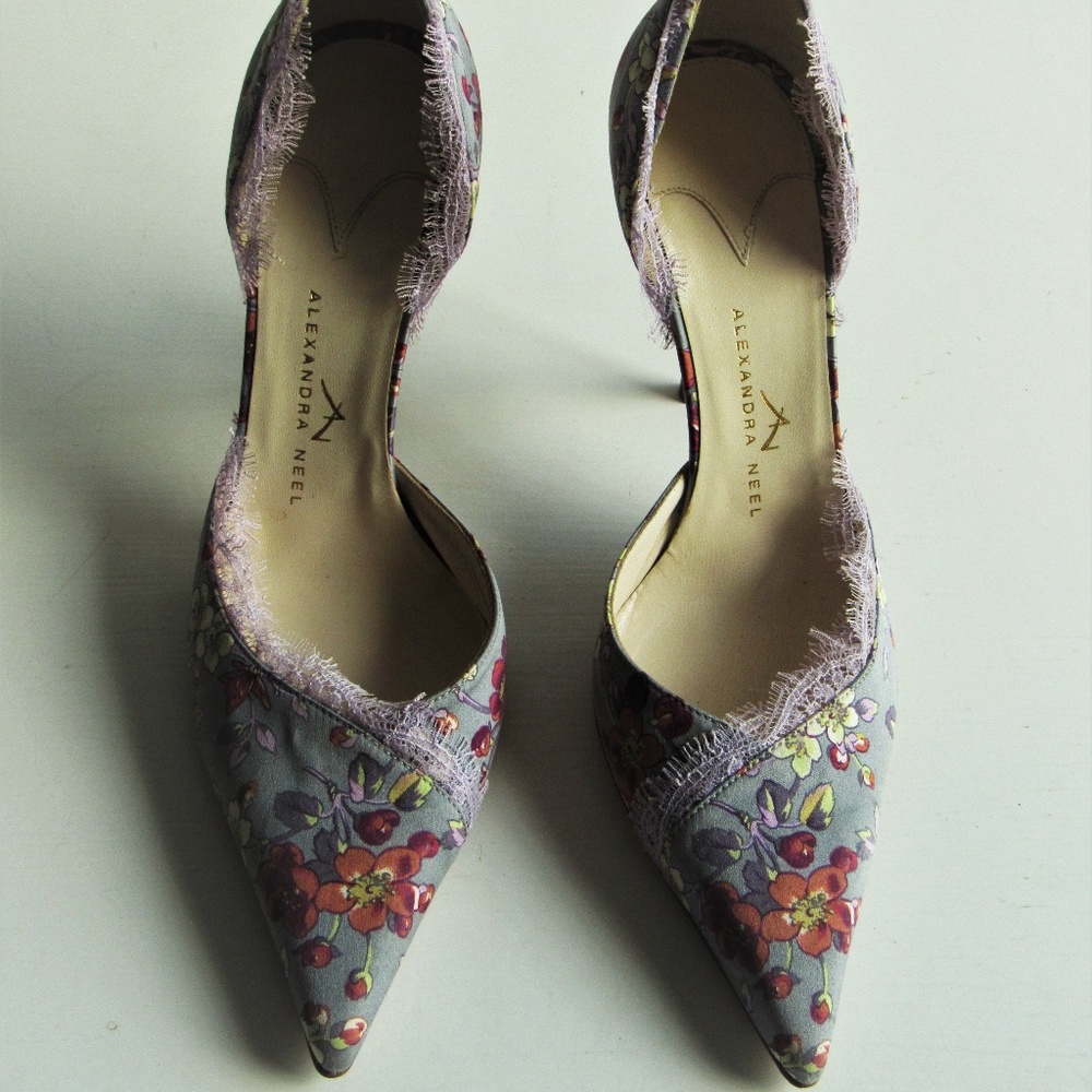ALEXANDRA NEEL Satin Floral Print D' Orsay Heels